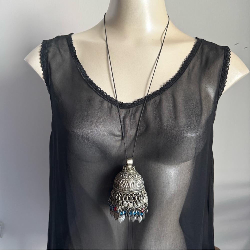 Vintage Afghan Kuchi Tribal Silver Tone bell tassel pendant Bohemian Necklace